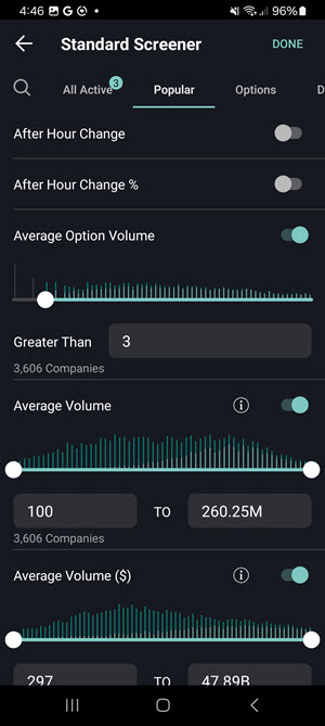 The Standard Screener Additional Parameters on the Android Phone